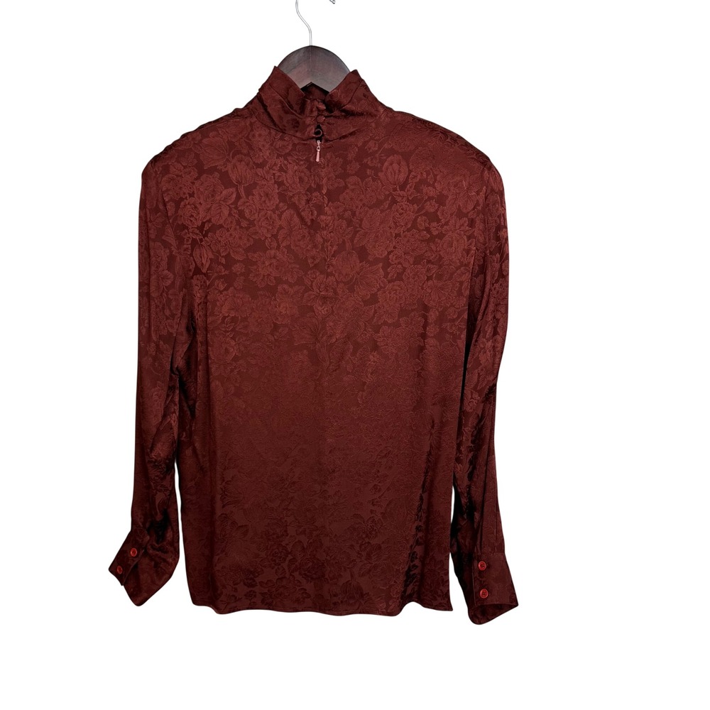 Anne Klein II Blouse Women 8 Burgundy Silk Floral Jacquard Mock Neck Vintage - Picture 2 of 13